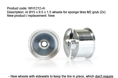 Aluminum Ø15x9.5x1.5mm wheels for sponge tires, M2 grub, Eq.17.3mm (2x) - (WH1212-Al)